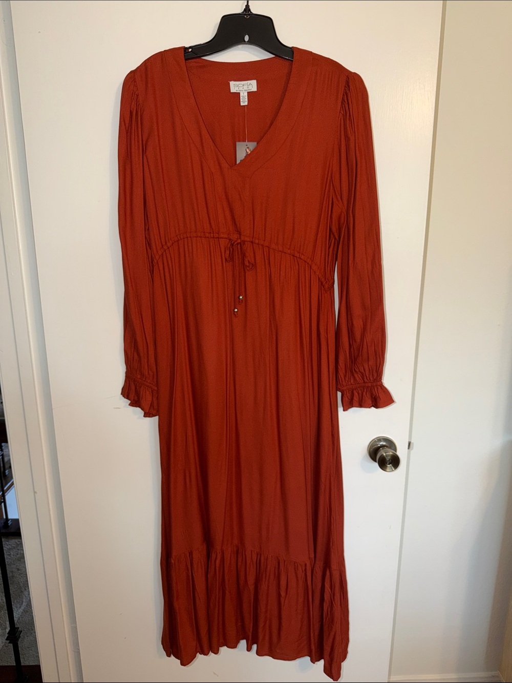 Rust Orange V-Neck Long Sleeve Empire Maxi Dress by SOFIA